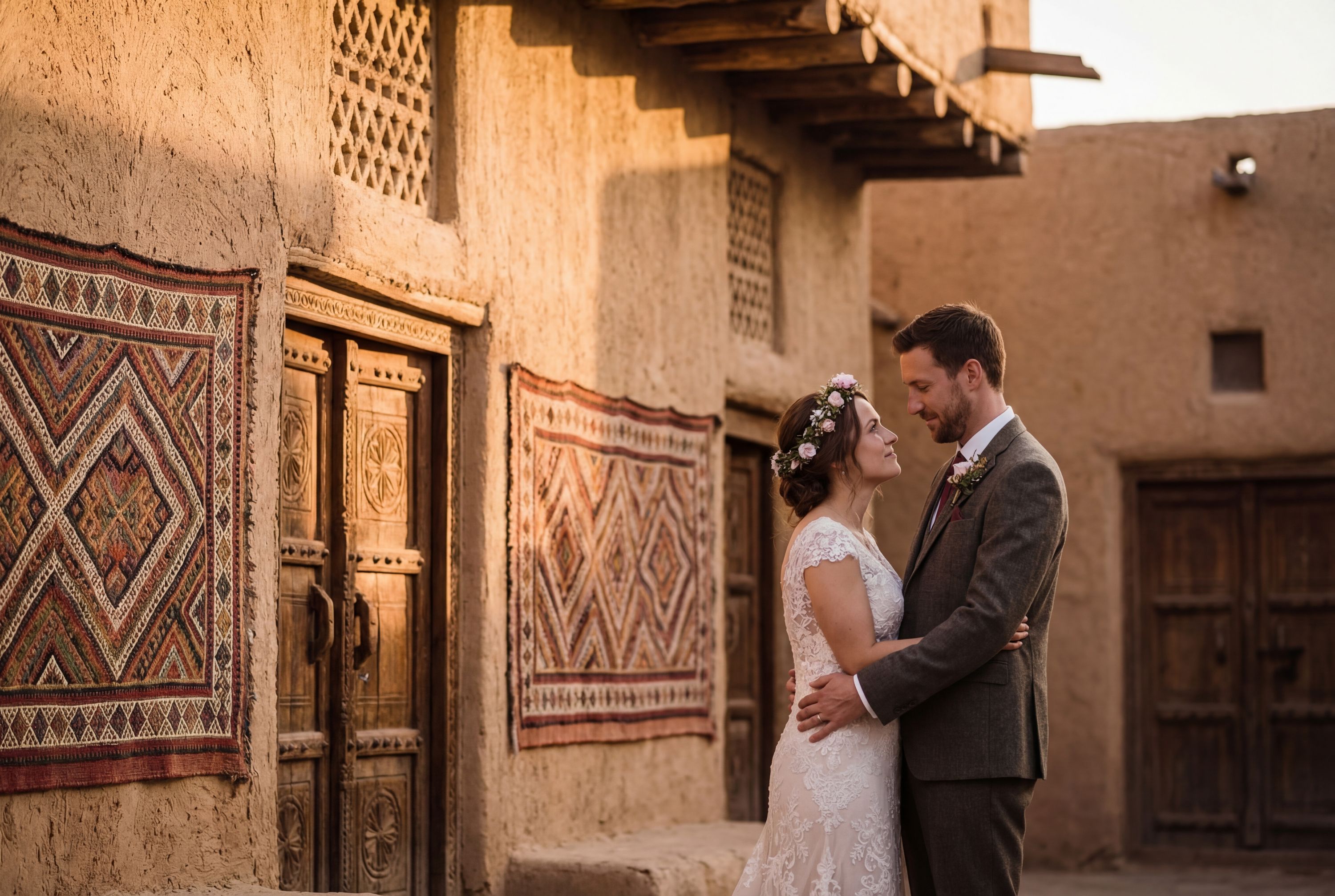 Kuwait City wedding photography — couple at Kuwait Towers with Arabian Gulf skyline and golden desert sunset panorama